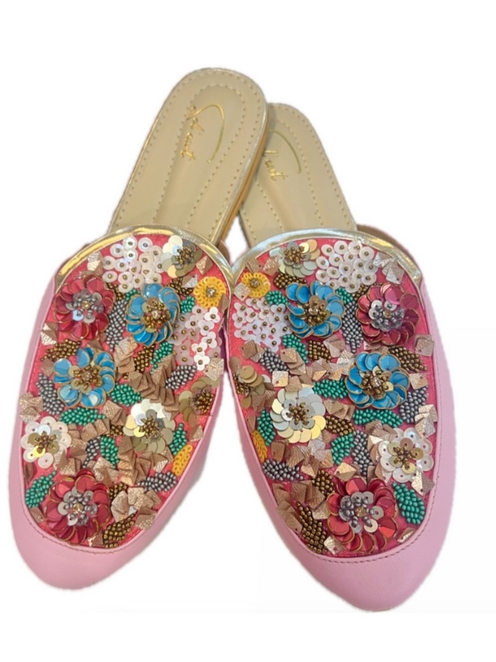 Women's Pink Floral Embellished Slip-On Flats